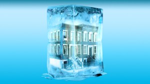A collage of a brownstone inside a block of ice