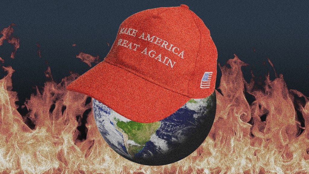 A collage of a globe with a MAGA hat on surrounded by flames.