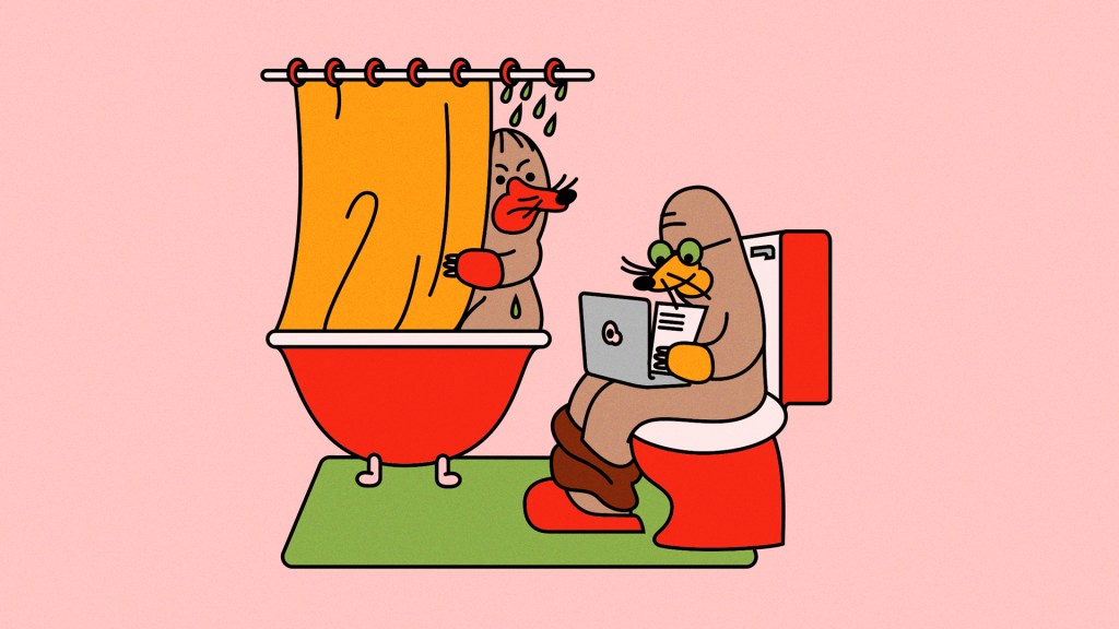 Illustration of two mole people; one works on a laptop from the toilet while the other glares from the shower