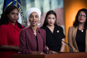 Reps. Ayanna Pressley, D-Mass., Ilhan Omar, D-Minn., Alexandria Ocasio-Cortez, D-N.Y., and Rashida Tlaib, D-Mich., conduct a news conference in the Capitol Visitor Center