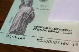 An arranged photograph of a United States Federal Government Coronavirus stimulus check, also known as the 'Economic Impact Payment' in Silver Spring, Maryland on May 24, 2020.