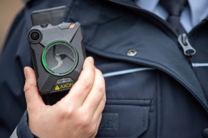 An Axon body-worn camera used by police