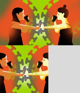 illustration of two figures in coronavirus shaped bubbles reaching out to touch hands