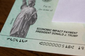 An arranged photograph of a United States Federal Government Coronavirus stimulus check, also known as the 'Economic Impact Payment' in Silver Spring, Maryland on May 24, 2020.