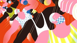 Ilustración de personas con mascarillas levantando pesas.