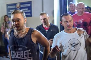 People detained during recent rallies of opposition supporters leave the Okrestina prison early morning in Minsk​.