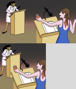 Illustration of two people arguing at a podium; one looks annoyed, and the other is drinking, wearing a tie around her head