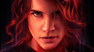 Key art for Control: Ultimate Edition. Close up of Control protagonist Jesse Faden (as portrayed by actress Courtney Hope), a white woman with bright red hair, smirks at the camera.
