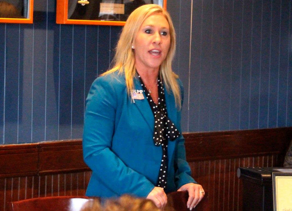 In this March 3, 2020, file photo, Republican Marjorie Taylor Greene speaks to a GOP women's group in Rome, Ga.