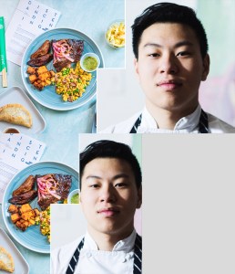 a collage of food from junzi kitchen's distance dining series next to a picture of chef lucas sin