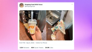 a screenshot of a tweet from "gripping food with force" showing a before and after of a mcflurry being squeeze with one hand