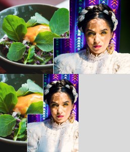 food from chicago's mi tocaya antojeria next to a portrait of chef-owner diana davila