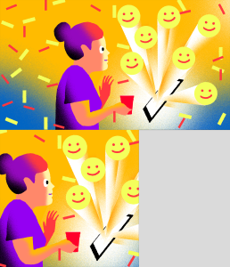 Figure holding a red Solo cup and looking at a tablet, which is bursting with happy faces and confetti