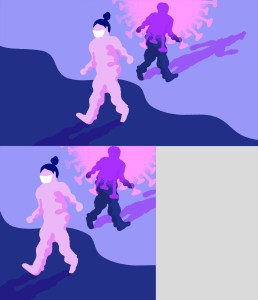 two figures walking away from each other; one wears a mask, and a coronavirus separates them