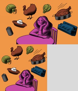 illustration of a person sitting at a table looking sad, as Thanksgiving-related objects like pie and football float around her