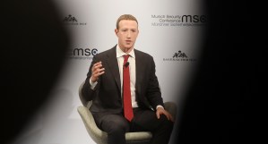 Mark Zuckerberg, Chairman of Facebook, speaks on the second day of the 56th Munich Security Conference, 15 February 2020, Bavaria, Munich (Tobias Hase/picture-alliance/dpa/AP Images​)