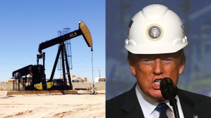 Oil drill and Donald Trump in a hard hat