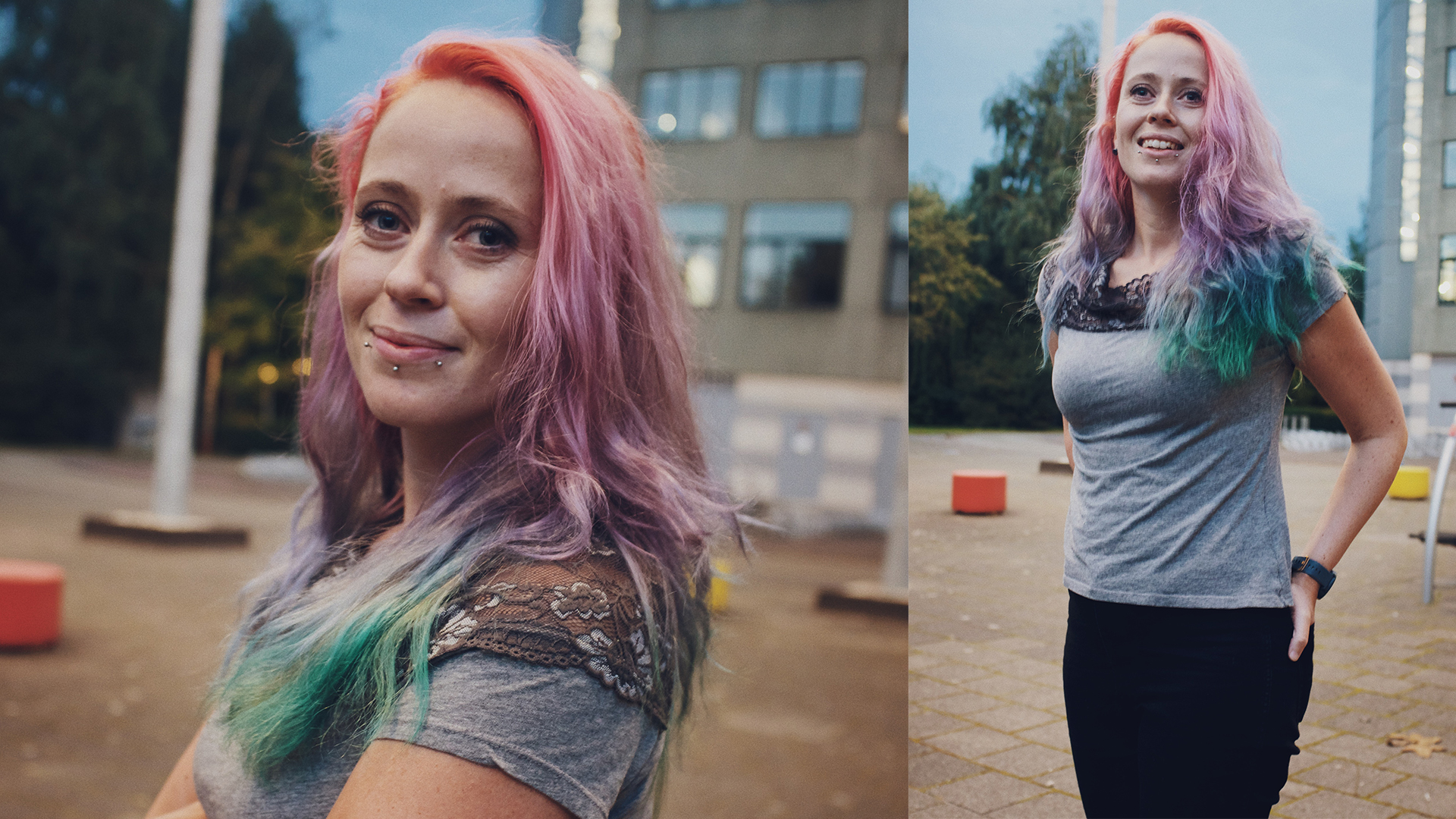 Hedwig van der Meer. Long ombre hair (pink, purple and teal), three stud piercings under the lower lip.