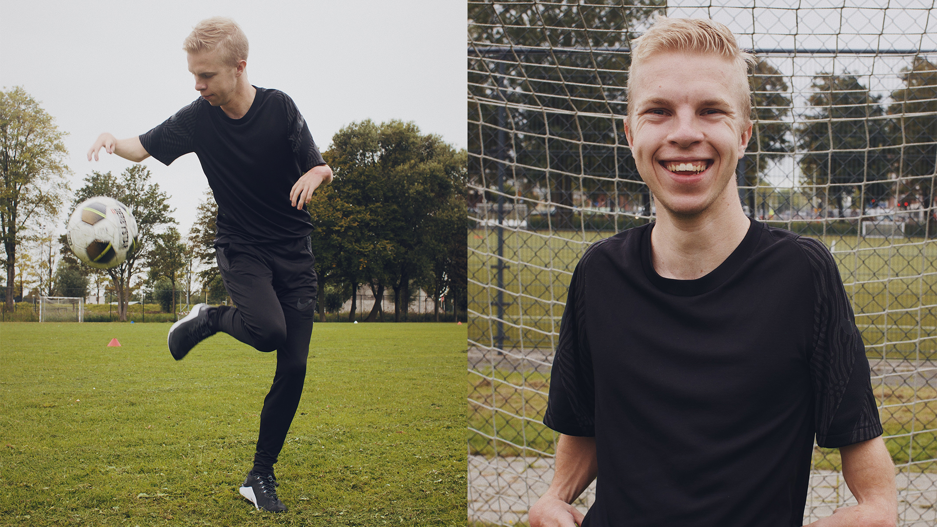Dennis Gerkes. light blond short hair, pale skin. Left: playing football. Right: smiling inside a goal post.