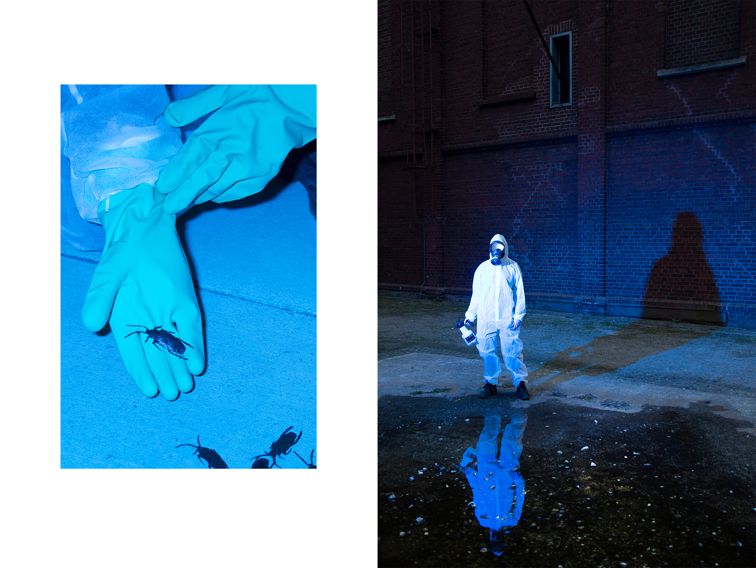 Left: A hand with a cockroach on it. Right: A person in a protective suit with a gas mask