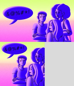 Group of women looking annoyed as a speech bubble appears to their left filled with curse word symbols