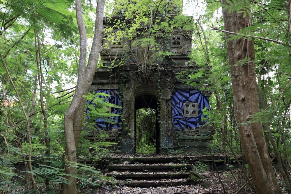 Ein Tor mit Graffti und Dschungelranken