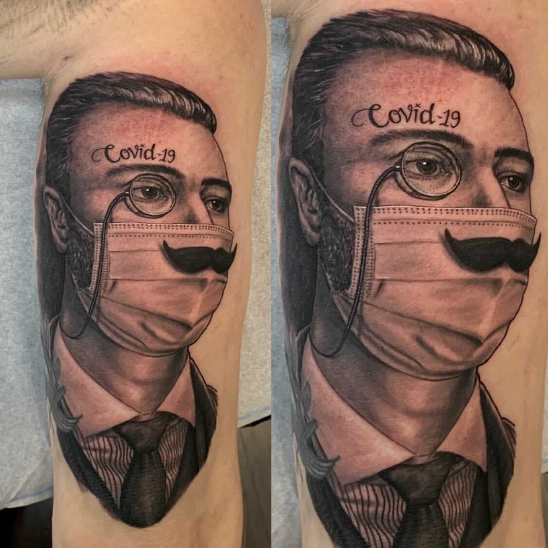 Das Tattoo zeigt einen Mann, der einen Mund-Nasen-Schutz trägt und