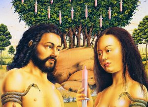 Adam und Eva halten eine Kondomspritze hoch