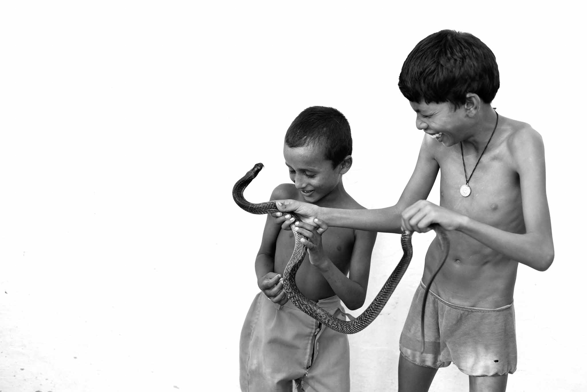 Shyamu Nath dan Dalip Nath bermain bersama seekor ular. Foto oleh Arun Sharma.