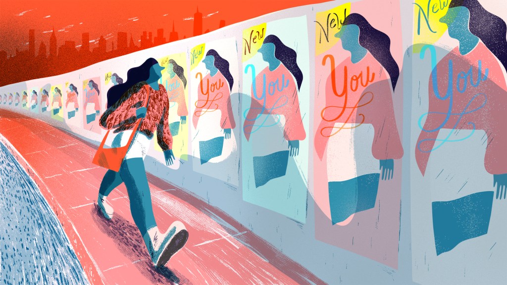 illustration of a woman walking down a sidewal being advertised "new her"s