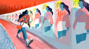 illustration of a woman walking down a sidewal being advertised "new her"s