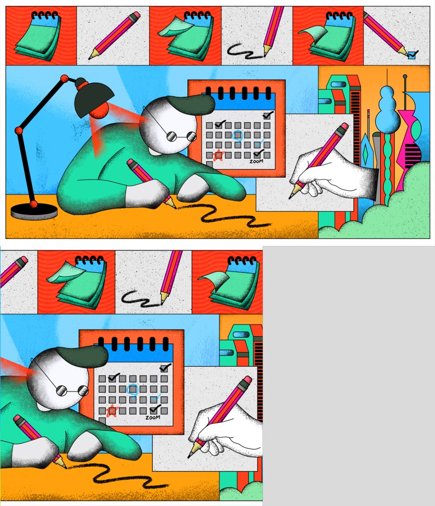 Figure with a pencil, surrounded by calendars