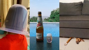 collage of kid with bucket on his head, beer and sanitiser, dog under a couch