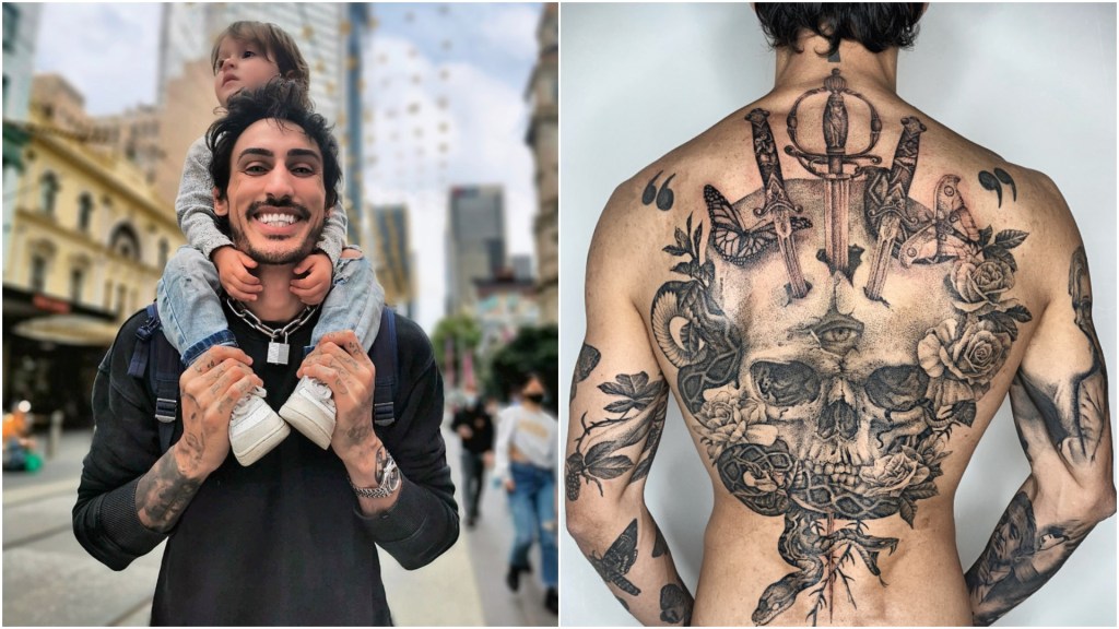 From left: Michael with his son and Michael's heavily decorated back. All images supplied​​​