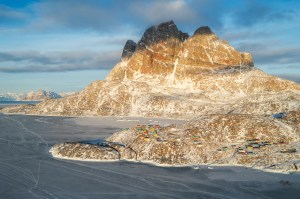 The new houses built for tsunami victims, as seen from the helicopter route between Qaarsut and Uummannaq