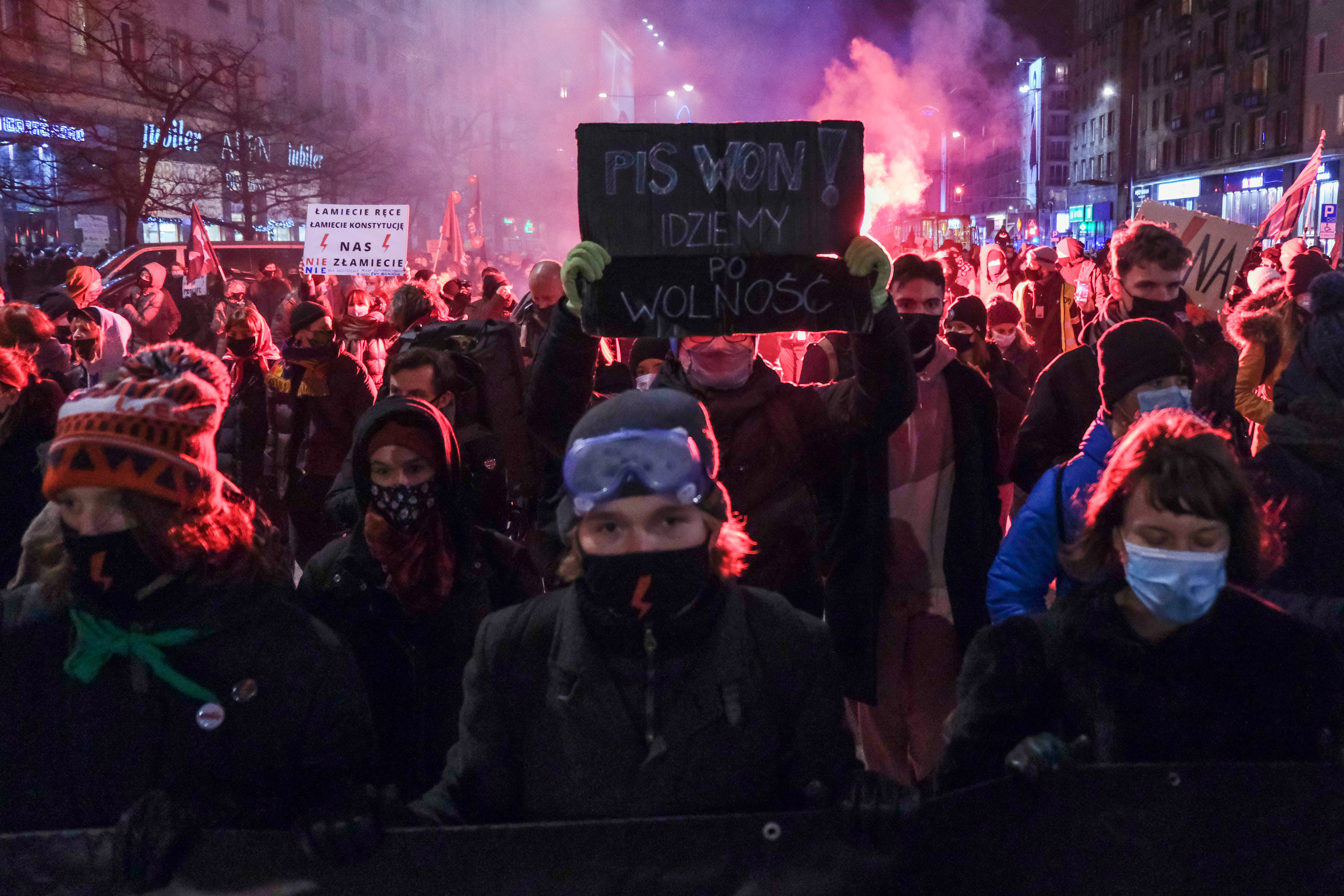 Pro-choice protesters hold up banners during a protest on the 27th of January in Warsaw, Poland