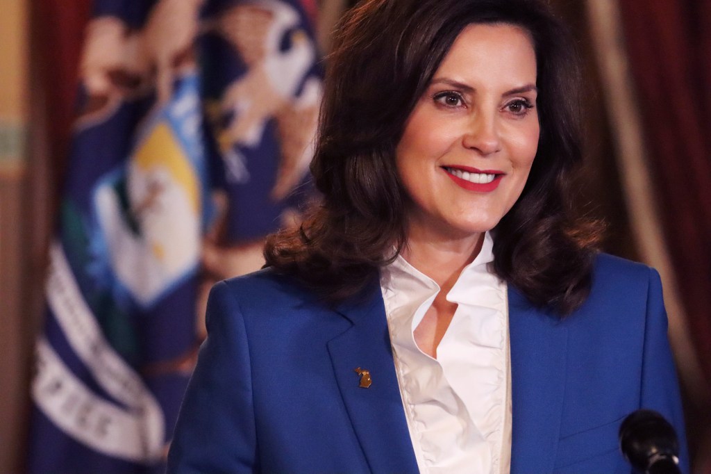 Gov. Gretchen Whitmer delivers her virtual State of the State address the state, in Lansing, Mich., Monday, Feb. 1, 2021,  (Michigan Office of the Governor via AP File)​
