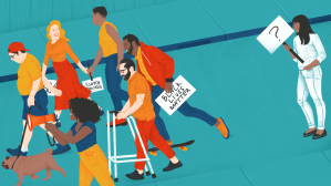 illustration of a group of people marching together in a protest, with one person lagging behind, looking left out