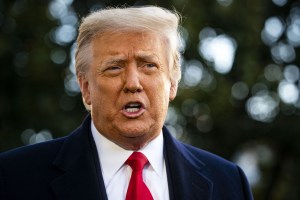 Former President Donald Trump speaks to members of the media before boarding Marine One on the South Lawn of the White House in Washington, D.C., U.S., on Wednesday, Jan. 20, 2021. (Photo: Al Drago/Bloomberg via Getty Images)