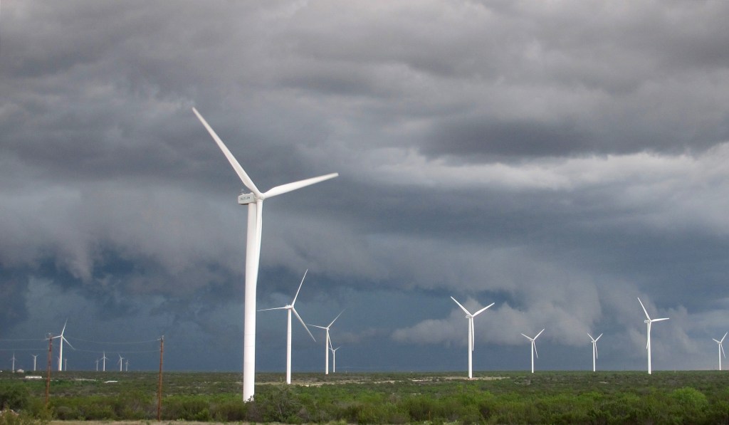 Wind Turbines and Approaching Storm, Texas
