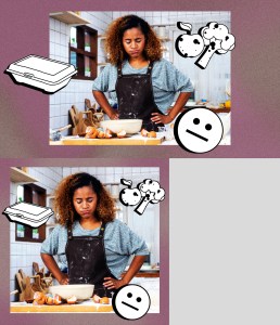 Woman looking at a messy kitchen feeling frustrated and indecisive