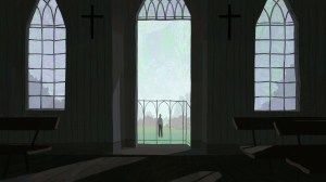 Illustration of a view from inside the church with a figure walking away from the entrace