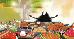 Karakter No-Face dalam Spirited Away sedang pesta makan