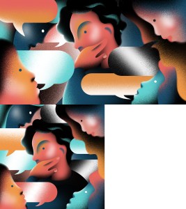 person surrounded by other people and speech bubbles