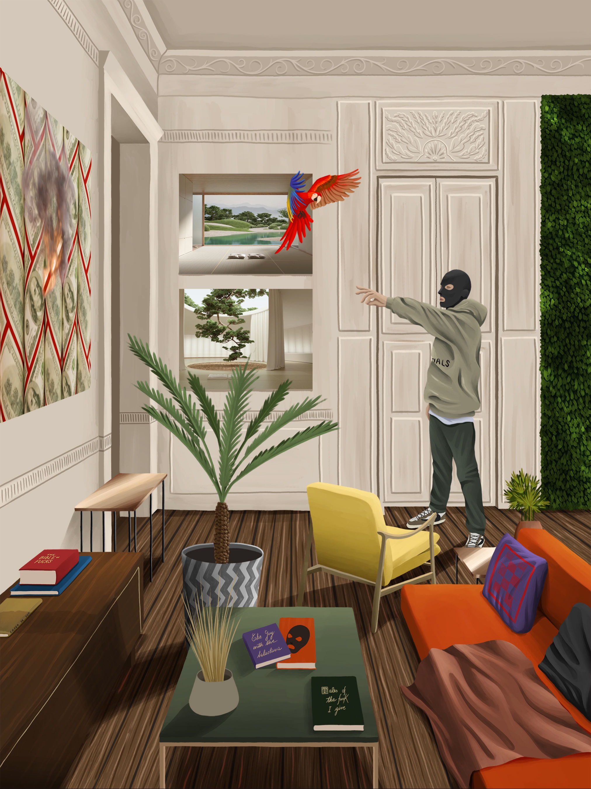 DotPigeon – illustration of a man wearing a balaclava inside a luxury home, reaching out to a parrot that's flying inside.