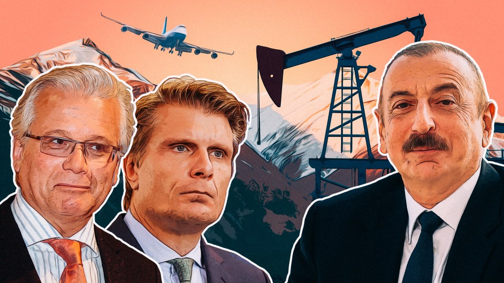 Otto Hauser, Thomas Bareis und Ilham Aliyev vor südkaukasischem Bergpanorama.