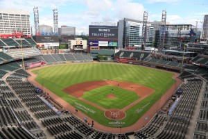 An overview of the stadium before the Braves home opener between the Atlanta Braves and the Tampa Bay Rays on July, 29, 2020 at Truist Park in Atlanta, Georgia.
