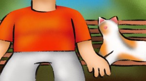 Illustration of a man sitting on a bench with a cat