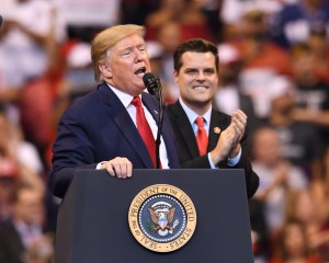 US President Donald J. Trump and Florida Congressman Matt Gaetz attend a "Keep America Great Rally" at BB&T Center on November 26, 2019 in Sunrise, Florida (mpi04/MediaPunch​)