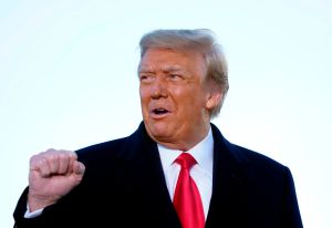 US President Donald Trump speaks before boarding Air Force One at Joint Base Andrews in Maryland on January 20, 2021.  (Photo by ALEX EDELMAN / AFP) (Photo by ALEX EDELMAN/AFP via Getty Images)